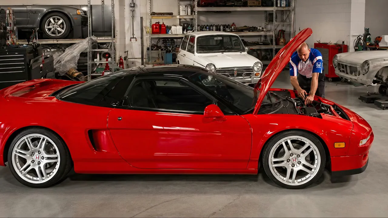 Technician servicing a red Acura sports car at Burden Auto Care